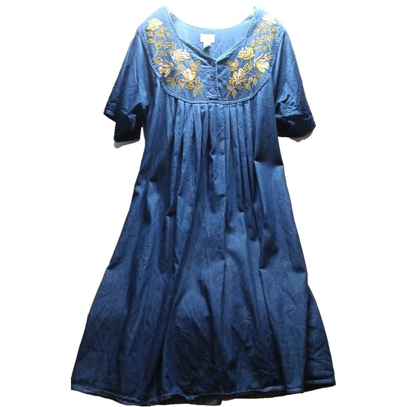 Roamans  Cotton Denim Dress Vintage Embroidered Gold Silver Roses Plus Size B0 - Picture 1 of 9